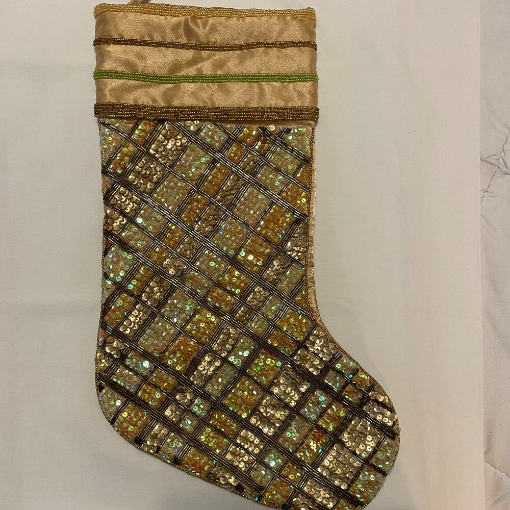 VINTAGE Christmas Stocking in Gold Satin with Sequins and Beads Exc.Condition